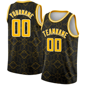 Maillot de basket-ball personnalisé sublimé, noir et jaune, motif géométrique, sans manches, en maille, unisexe, pour enfants, nom de l'équipe, votre nom 00, livraison rapide - Product Image 1