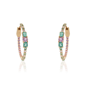 Nouveautés : Boucles d'oreilles créoles en or jaune 18 carats avec émeraudes, saphirs roses et diamants pour femmes, bijoux en pierres précieuses - Product Image 1