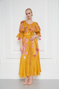 Robe bohème en coton pour femmes, jaune, broderie florale, manches bouffantes, coupe ample, taille à nouer, robe maxi - Product Image 2