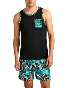 Men's Tropical Plant Print Casual Two-Piece Loungewear Set with Black Panel Tank Top Print Shorts 100% Cotton Quick Dry Summer - Product Image 2