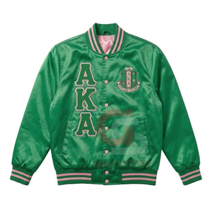 เสื้อแจ็คเก็ตบอมเบอร์ผ้าซาตินสีเขียวชมพูสำหรับผู้หญิง แบบสั่งทำพิเศษสไตล์กรีก และเสื้อแจ็คเก็ตบอมเบอร์ปักลายถักแบบสั้นระบายอากาศได้ดีสำหรับสุภาพสตรี - Product Image 1