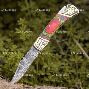 Custom Handmade Hunting Damascus Steel Straight Back <b>Lock</b> Folding Knife Leather Sheath Rainbow Wood Brass Engraved Accents OEM - Product Image 2