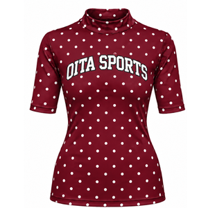 Camiseta de Manga Corta para Mujer, Color Borgoña Sólido, Cuello Alto Simulado, Corte Ajustado, Elástica, Informal, Ecológica, Colores Personalizados, Logotipo, Ropa de Verano - Product Image 1