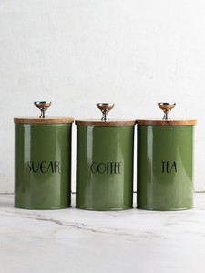 Green Metal Tea Coffee Sugar <b>Canister</b> <b>Set</b> with Wooden Lids | Kitchen Storage Containers Wholesale - Product Image 3