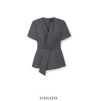 Blouse élégante décontractée pour femme HAGOO, col long, manches courtes, style journaliste, col en V, avec ceinture, pour bureau, été et automne, vente en gros