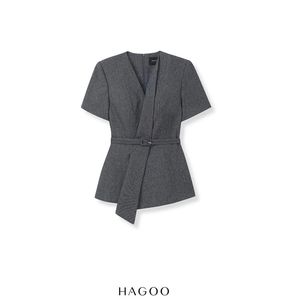 Chaqueta de Mujer de Marca al por Mayor, Manga Corta, Estilo Periodista, Cuello Largo, HAGOO, Blusa Elegante para Oficina, Casual, Cuello en V, A9069 - Product Image 6