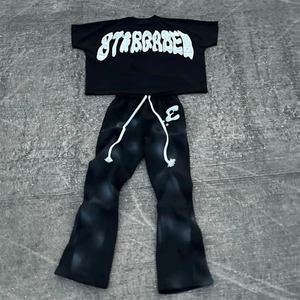 Camiseta de gran tamaño con lavado ácido Unisex, conjunto estampado, pantalones de chándal holgados informales para hombre, pantalones de chándal acampanados, colección de camisetas de verano - Product Image 1