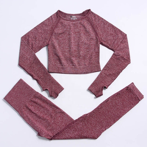 Women's Gray 2 Piece Yoga Set Crew Neck Crop <b>Top</b> Full Length Leggings Solid Pattern <b>Sweat</b> Wicking Seamless High Waist - Product Image 5