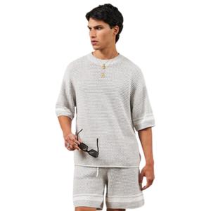 Camiseta de punto de ganchillo con rayas en contraste, gris, manga corta, tejido texturizado, informal de verano, transpirable, cuello redondo - Product Image 6