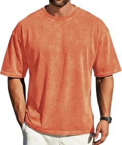 T-shirt vintage délavé coupe ample à épaules tombantes pour homme, col rond décontracté, en coton doux et respirant, streetwear à manches courtes - Product Image 1