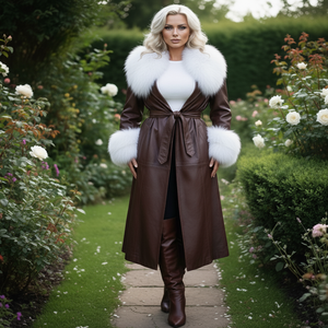 Manteau trench long pour femmes en cuir de poisson avec ceinture, col en fourrure de renard et doublure en soie – Vente en gros et personnalisation - Product Image 5