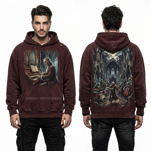 Sweat à capuche bicolore bordeaux délavé style streetwear avec motif Chevalier Duel Château pour homme, lavage vintage, tissu épais - Product Image 4