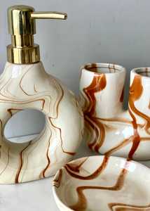 Ensemble de salle de bain en céramique moderne, forme ronde, motif marbre, distributeur de savon, porte-brosse à dents, porte-savon, quatre pièces - Product Image 5