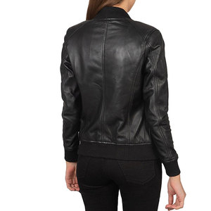 Chaqueta Bomber de Cuero Genuino Negro para Mujer, Manga Larga, Cuello Alto, Cierre de Cremallera, Chaqueta de Cuero Real para Otoño - Product Image 3