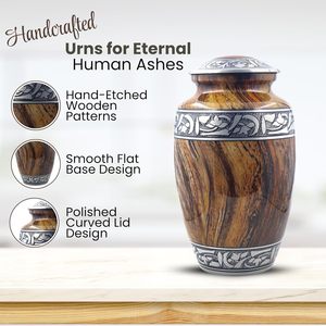 <b>Large</b> Cremation <b>Urn</b> for Human Ashes Adult Handcrafted Aluminium <b>Urn</b> Wood Texture Finish - Product Image 3