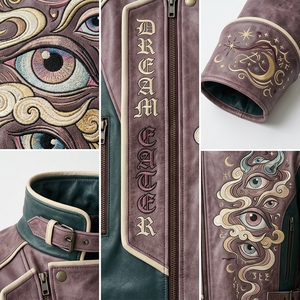 Hand Embroidery Eye Pattern Mandarin Collar Zipper Closure Streetwear Style Autumn Wear Men's <b>Real</b> <b>Leather</b> <b>Jacket</b> - Product Image 6