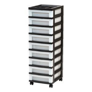 Carrello portaoggetti stretto in plastica a 9 cassetti con piano organizer, nero - Product Image 1