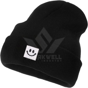 Bonnet tricoté unisexe avec patch souriant, couleur unie, bonnet d'hiver chaud, style décontracté, taille adulte 56-58CM - Product Image 2