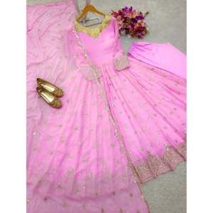 Vestido de Gasa Hecho a Mano con Estampado Floral, Corte en A, Cintura Imperio y Dupatta para Fiestas - Product Image 3