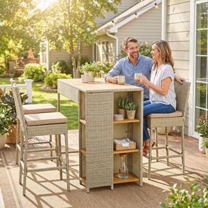 Set da Bar per Esterni in Legno di Acacia a 5 Pezzi con Tavolo Alto e Sedie, Scaffali a 3 Livelli e Cuscini Marroni per Arredamento da Giardino - Product Image 2