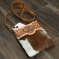 Dompet bahu kulit Tooled desainer buatan tangan tas telepon seluler Mini untuk tas tangan selempang kulit sapi asli wanita
