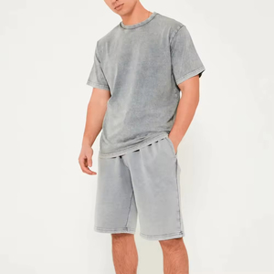 Men's Gray Solid Color Cotton Crew Neck <b>T</b>-<b>Shirt</b> and Shorts Set Casual Summer Wear Knitted Fabric Plain Dyed Style - Product Image 2