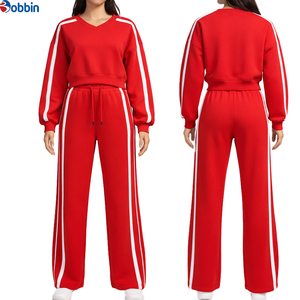 Conjunto Deportivo de Alta Calidad para Mujer, con Rayas Rojas, Sudadera de Manga Larga con Cuello Redondo y Cuello en V, Pantalones Deportivos Anchos, Conjunto Casual de 2 Piezas - Product Image 4