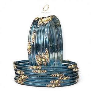 Bracelets de mariée indiens de luxe, bracelets en verre bleu kashmiri tendance, cristaux floraux, pour mariage et occasions festives, prix de gros - Product Image 3