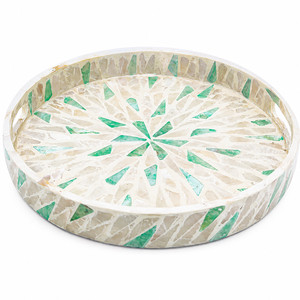 Plateau de service rond en nacre incrustée, mosaïque de coquillages écologique de luxe, plateau décoratif en bois avec motif de poisson à vendre - Product Image 4