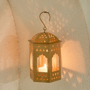 Artisan Gold Metal <b>Moroccan</b> Hanging Lantern with Glass Panels Decorative Candle Holder for Ramadan Home Garden <b>Decor</b> - Product Image 1