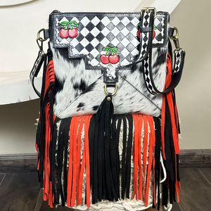 Premium Western Cowhide Fringe Crossbody Bag with Hand Tooled Checkered Leather Cheery <b>Design</b> Luxury Large Capacity Shoulder Bag - Product Image 4