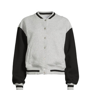 Chaqueta Varsity Unisex Gris y Negra con Bloques de Color, Cierre de Botones, Cuello Camisero, Corte Regular, Poliéster y Algodón, Ropa Casual de Otoño - Product Image 1
