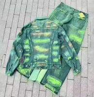Ensemble veste et pantalon en jean vintage léger personnalisé pour homme, style streetwear, tissé, uni, délavé, déchiré, hiver, 100% coton