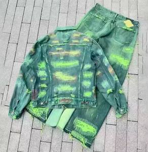 Custom Vintage Heavyweight <b>Denim</b> Jeans Suit <b>Jacket</b> Set for Men Streetwear Custom Woven Thermal Print Washed Ripped Style - Product Image 4