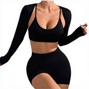 Ensemble de yoga 2 pièces noir pour femme, haut court sans couture et short taille haute, respirant, en spandex et polyester, vêtements de sport - Product Image 5