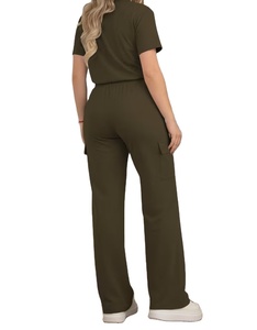 Ensemble pantalon pour femme : haut à manches courtes à col rond de couleur unie de style décontracté et pantalon long polyvalent à taille élastique pour tous les jours - Product Image 3