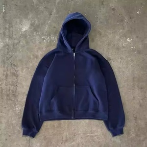 Sudadera con Capucha y Cremallera para Hombre, Azul Marino Sólido, Forro Polar 100% Algodón, Informal, Otoñal, Tejido Liso Teñido - Product Image 3