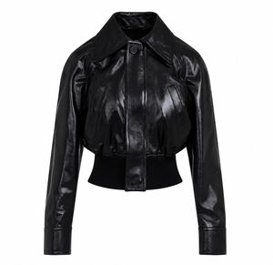 <b>Black</b> Leather Bomber <b>Jacket</b> Women, Vintage Cropped Oversized, Streetwear Style Trending Fashion - Product Image 1