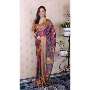 Sari Tradicional Tejido con Hilo Zari, Color Vino, Seda Tussar Suave, Pichwai, Ropa India y Pakistaní, Tejidos de Élite, 450g - Product Image 6
