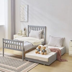 Single Gray Twin Wooden Bed with Pine Particle Board Drag Bed Durable Bunk Bed Design - Product Image 1