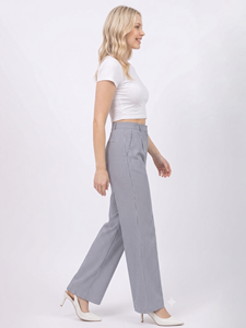 Pantalon large rayé en Lycra à taille haute, semi-élastique, coupe ample, tissé, décontracté, pour le bureau, pour femme - Product Image 5