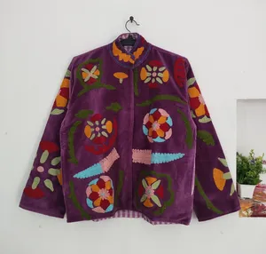 Vintage <b>Purple</b> <b>Velvet</b> Floral Embroidered Suzani Jacket Full Sleeve Stand Collar Handmade Boho Autumn Outerwear - Product Image 1