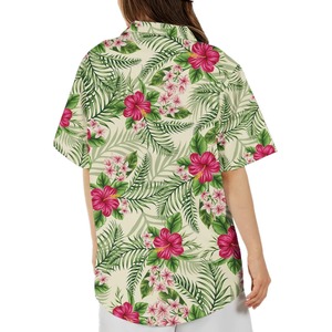 Tropical <b>Hawaiian</b> Floral Print Shirt for Women Loose Fit Long Casual Button Down Short Sleeve Boho Summer Shirt with Rhinestone - Product Image 4