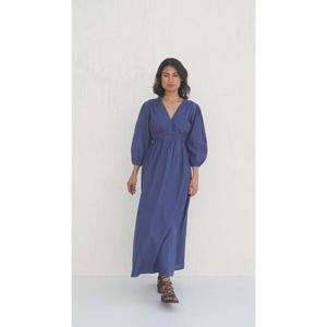 Vestido Maxi Azul Premium, Corte en A, Cuello en V, Manga Corta, 100% Algodón Natural, Ecológico, Transpirable, Estilo Veraniego para Mujer - Product Image 3