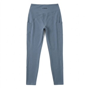 Dusty Blue Color <b>Leggings</b> <b>with</b> <b>Pocket</b> High Waist Full Length Knitted Spandex Polyester Breathable Quick Dry Women's Activewear - Product Image 2
