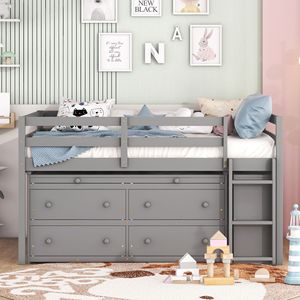 Letto a Soppalco in Legno a Grandezza Naturale con Scrivania Retrattile e 4 Cassetti, Scaffali Laterali Portatili in Grigio per Bambini - Product Image 2