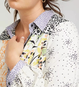 Blusa de Algodón Personalizada de Fábrica OEM para Primavera/Verano, Camisa Casual con Estampado de Moda y Parches en Contraste para Mujer, Transpirable - Product Image 3