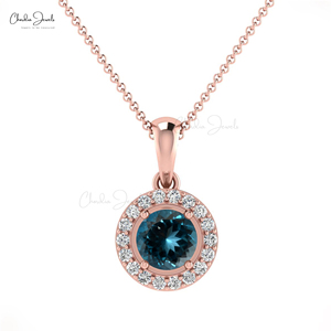 Hallmarked 14k <b>Solid</b> <b>Gold</b> <b>Pendant</b> Genuine 4mm Prong Set London Blue Topaz & Diamond Halo <b>Pendant</b> Customized Jewelry for Women - Product Image 3