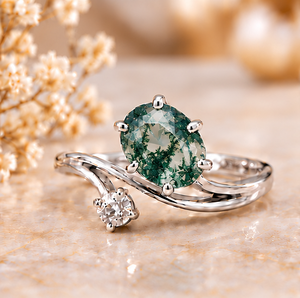 Bague en argent sterling avec agate mousse, bijou élégant avec pierre précieuse verte, design raffiné, cadeau pour femme - Product Image 1