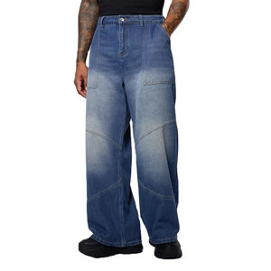 Pantalones vaqueros de diseñador al por mayor, estilo baggy, con pedrería, de mezclilla, para hombre, lavado claro, de pierna ancha, desgastados, con lavado ácido - Product Image 1